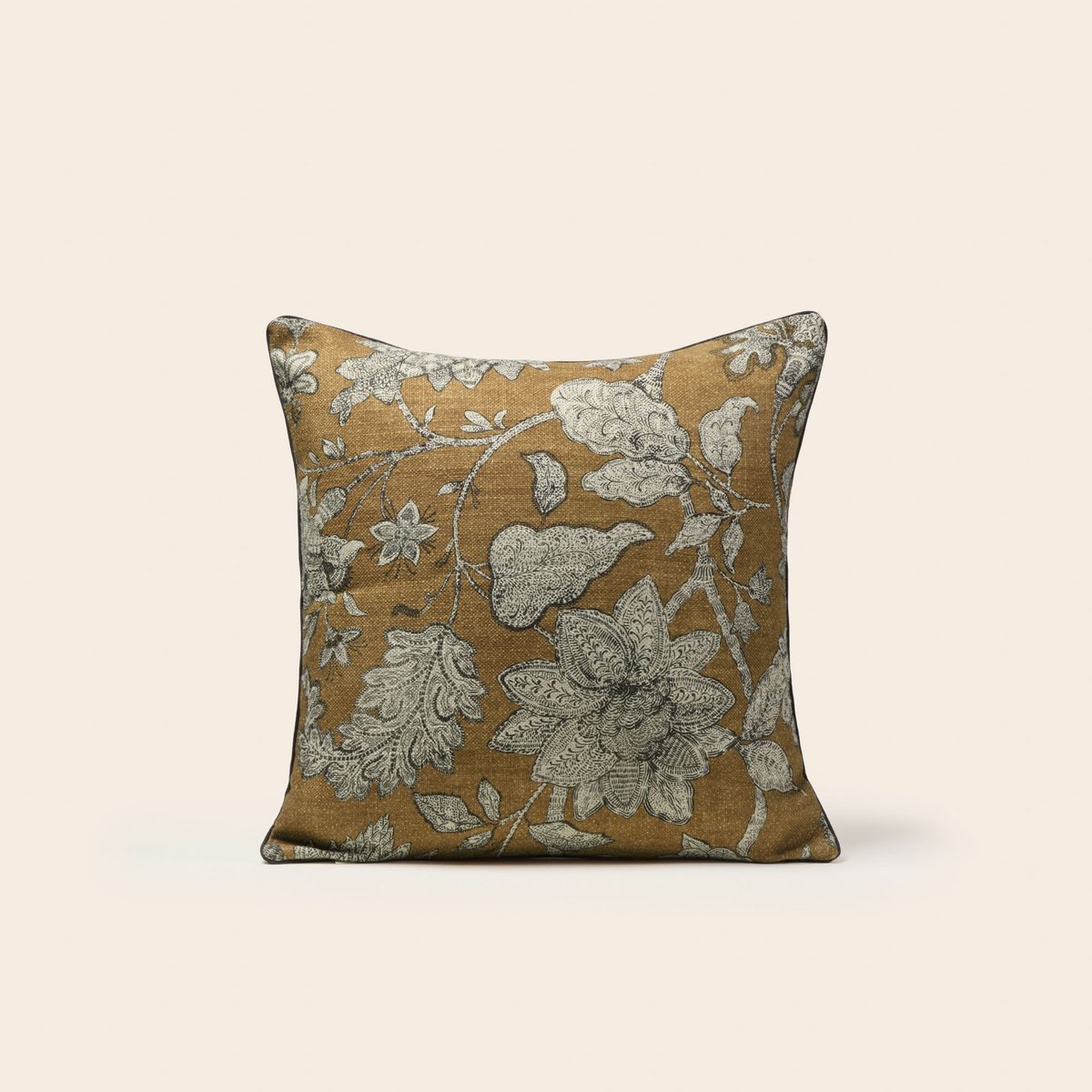 Housse De Coussin en Fleurs indiennes imprimées LILIVATI moutarde et gris, MADURA