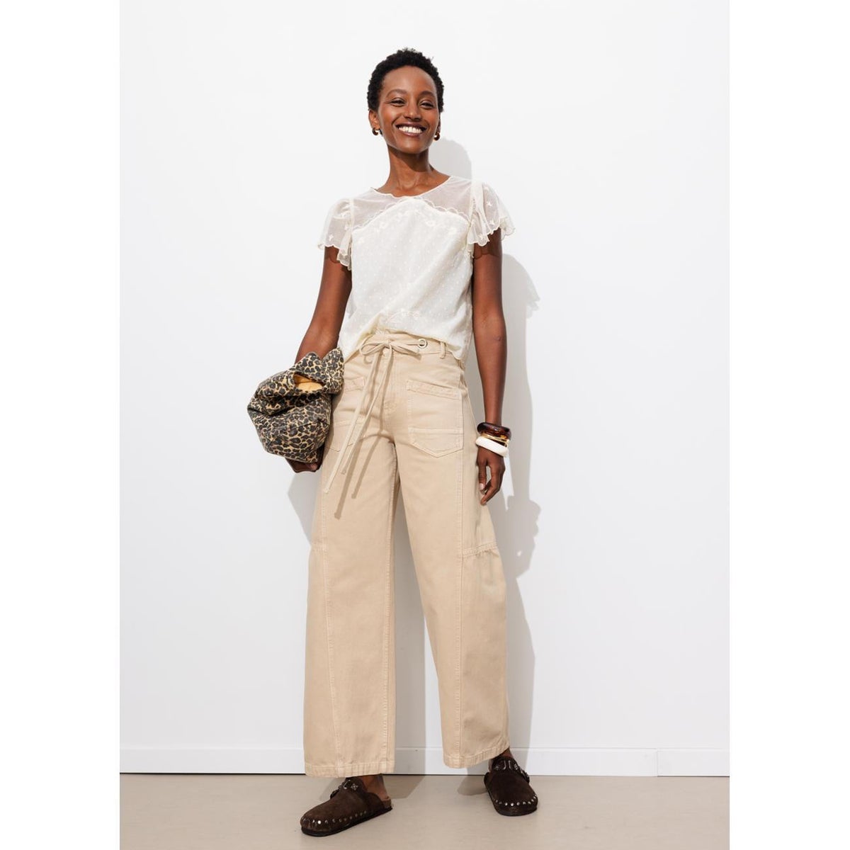Pantalon large à oeillets beige, PROMOD