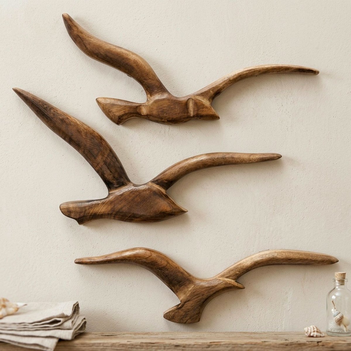 Décoration murale oiseaux 3 mouettes en bois de mangue 15x3x37cm bois, WADIGA