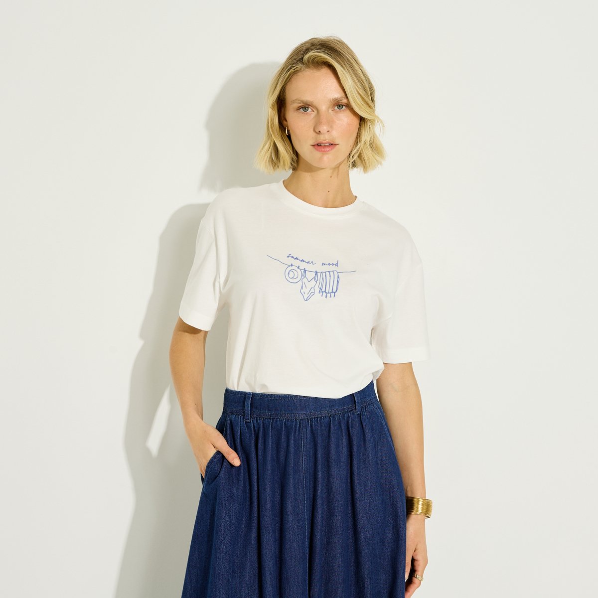 T-shirt col rond brodé blanc cassé blanc, GRAIN DE MALICE
