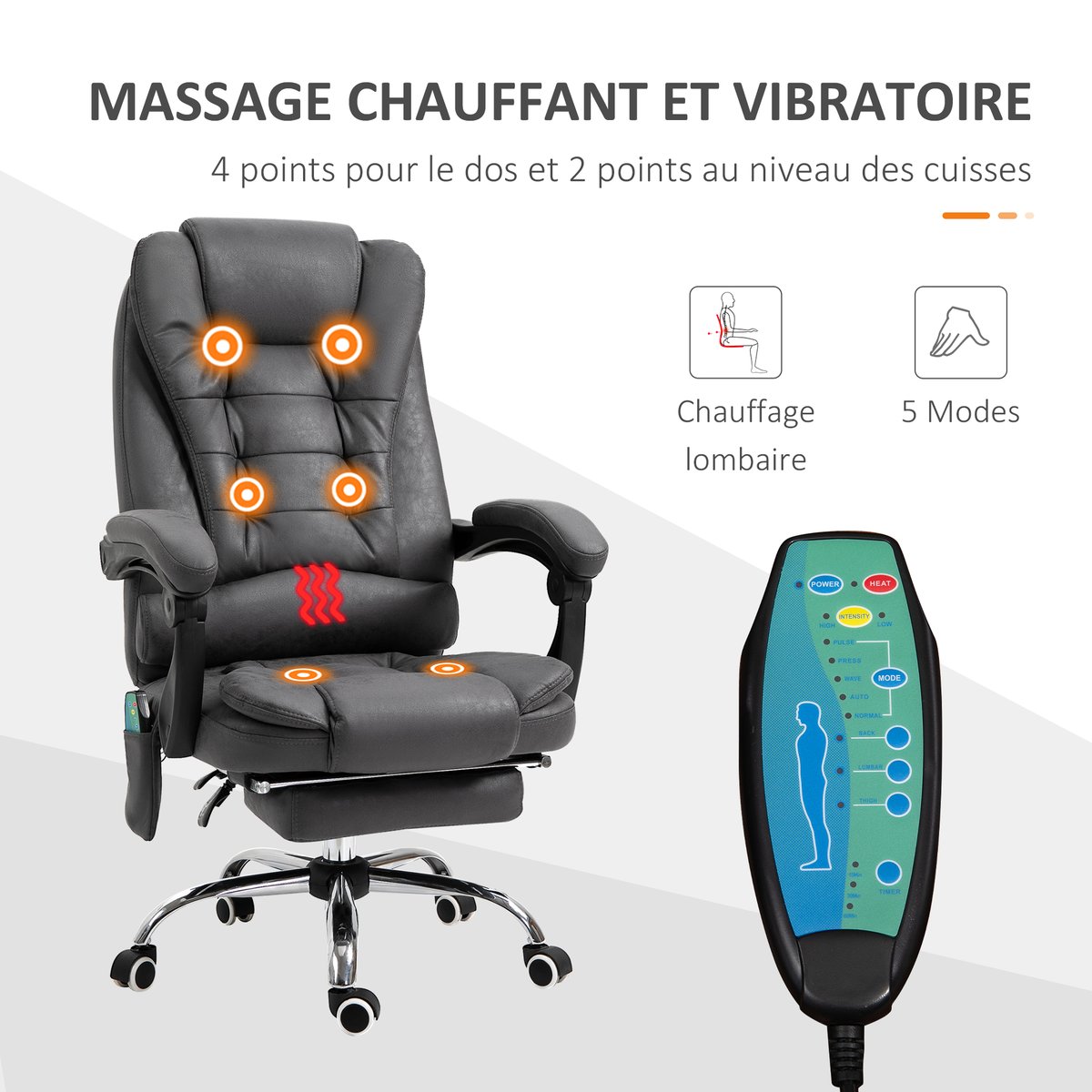 Fauteuil de bureau avec fonction massage gris foncé, HOMCOM
