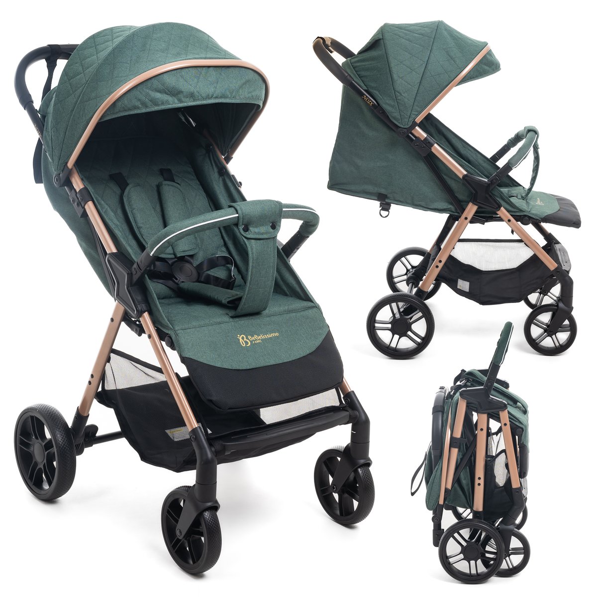Poussette Bébé Canne Ultra Compacte – Légère – Pliage à Une Main – Noix - vert couleur unique, BEBELISSIMO J'AIME