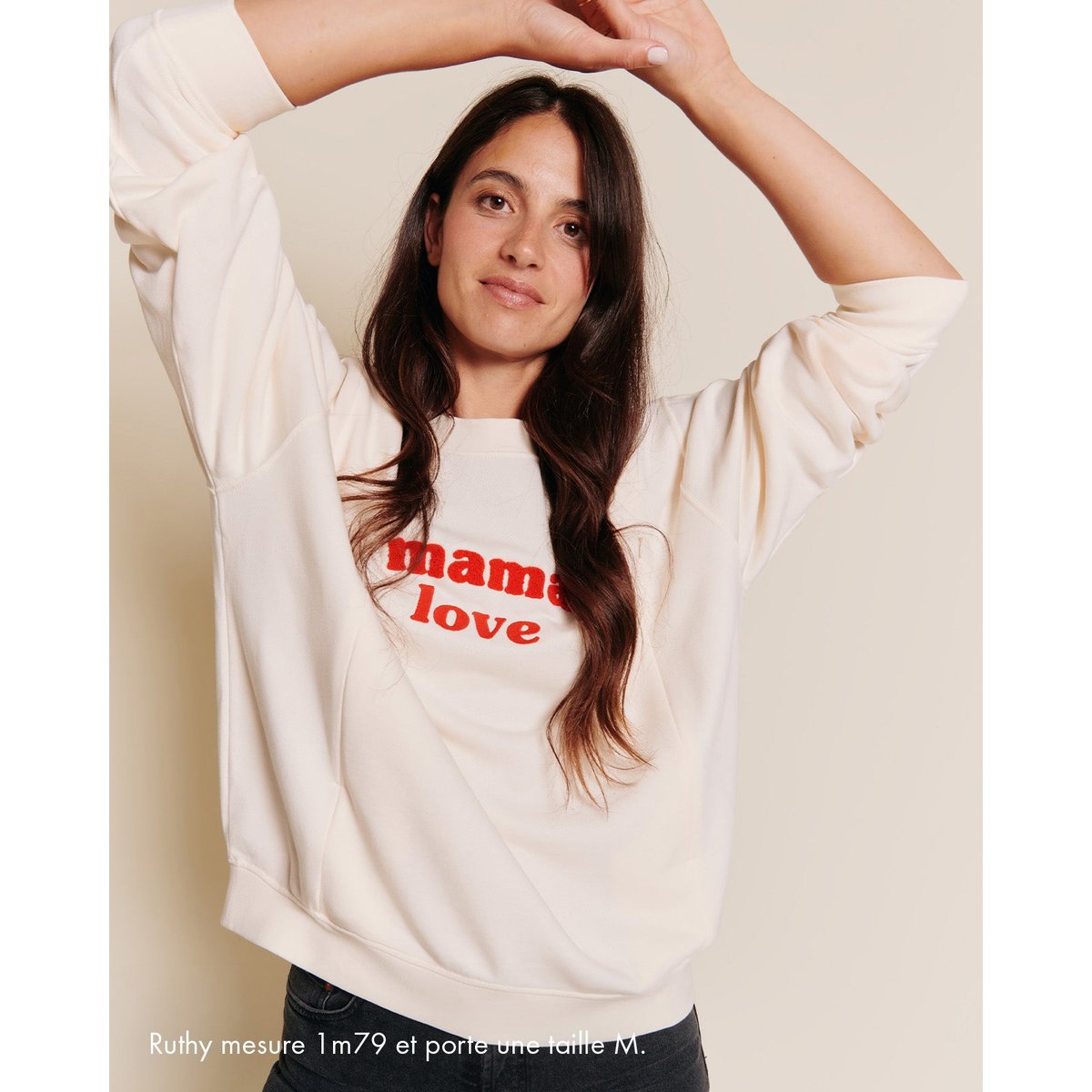 Sweat d'allaitement brodé en coton bio, LOVE ROUGE blanc - crème, EMOI EMOI