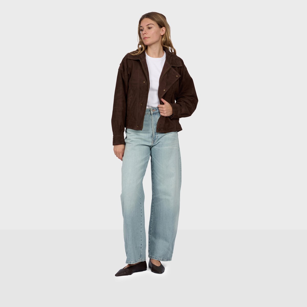 Blouson en cuir suède à col chemise RIVIERA chocolat, OAKWOOD