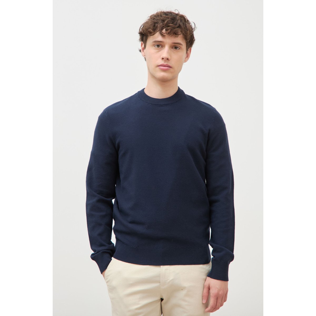 Pull manches longues col rond bleu marine, BONOBO