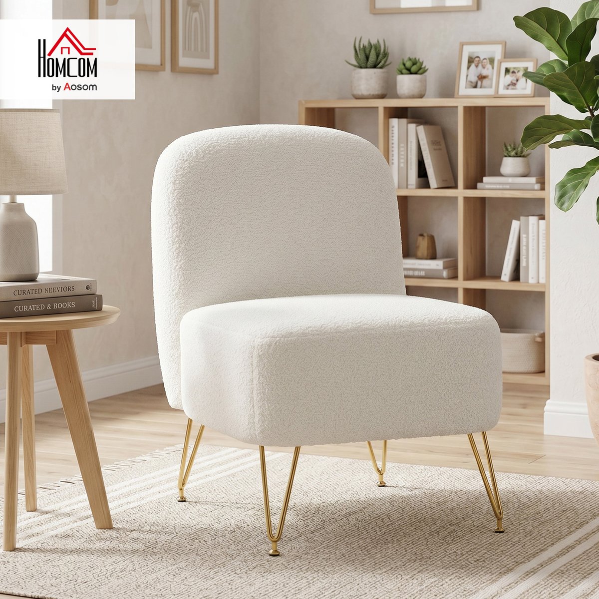 Accent Chair Tissu bouclette (100% polyester) blanc, HOMCOM