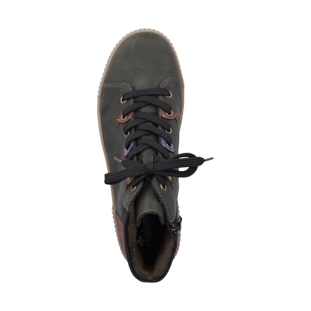 Bottines kaki à talon plat et à lacets et zip latéral avec oeillets colorés kaki, RIEKER