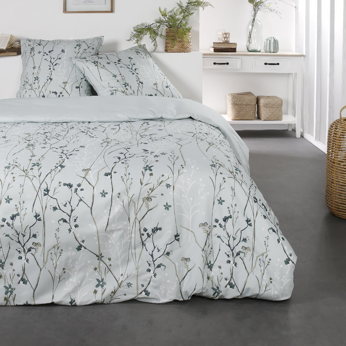 Parure de lit 2 personnes imprimé floral coton SUNSHINE SASHA vert, TODAY