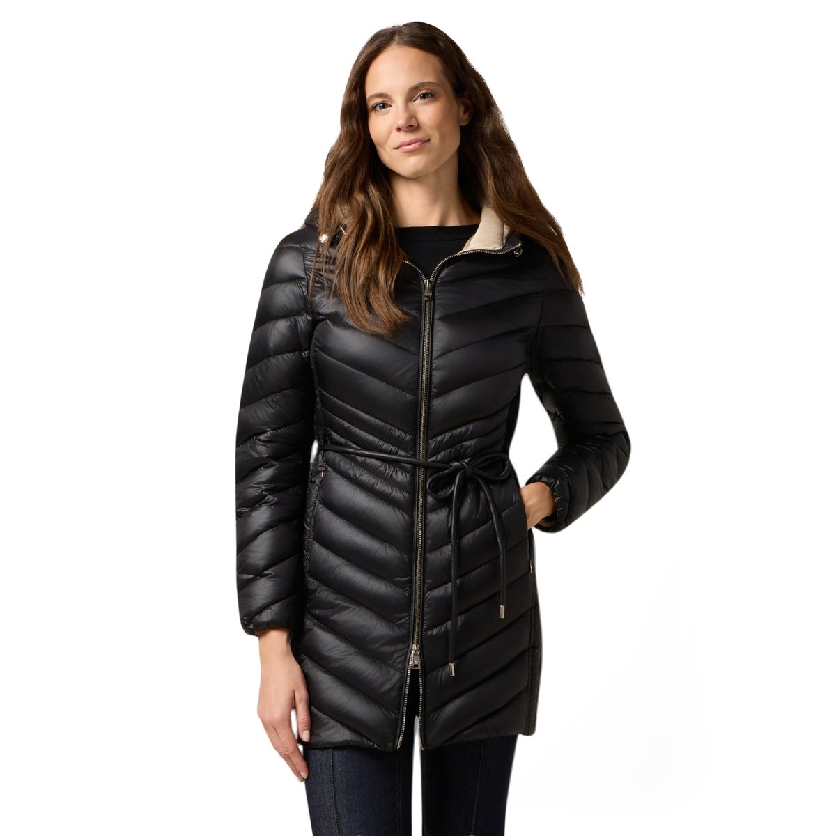 Doudoune mi-longue à capuche avec ceinture noir, OLTRE