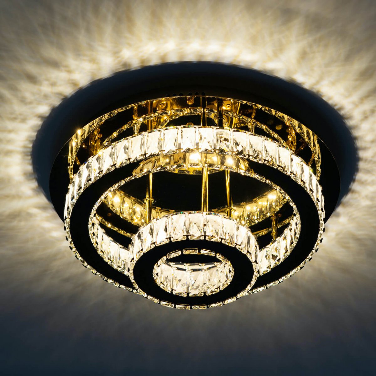 Plafonnier LED anneaux cristal - DIEZ doré / laiton, KOSILUM
