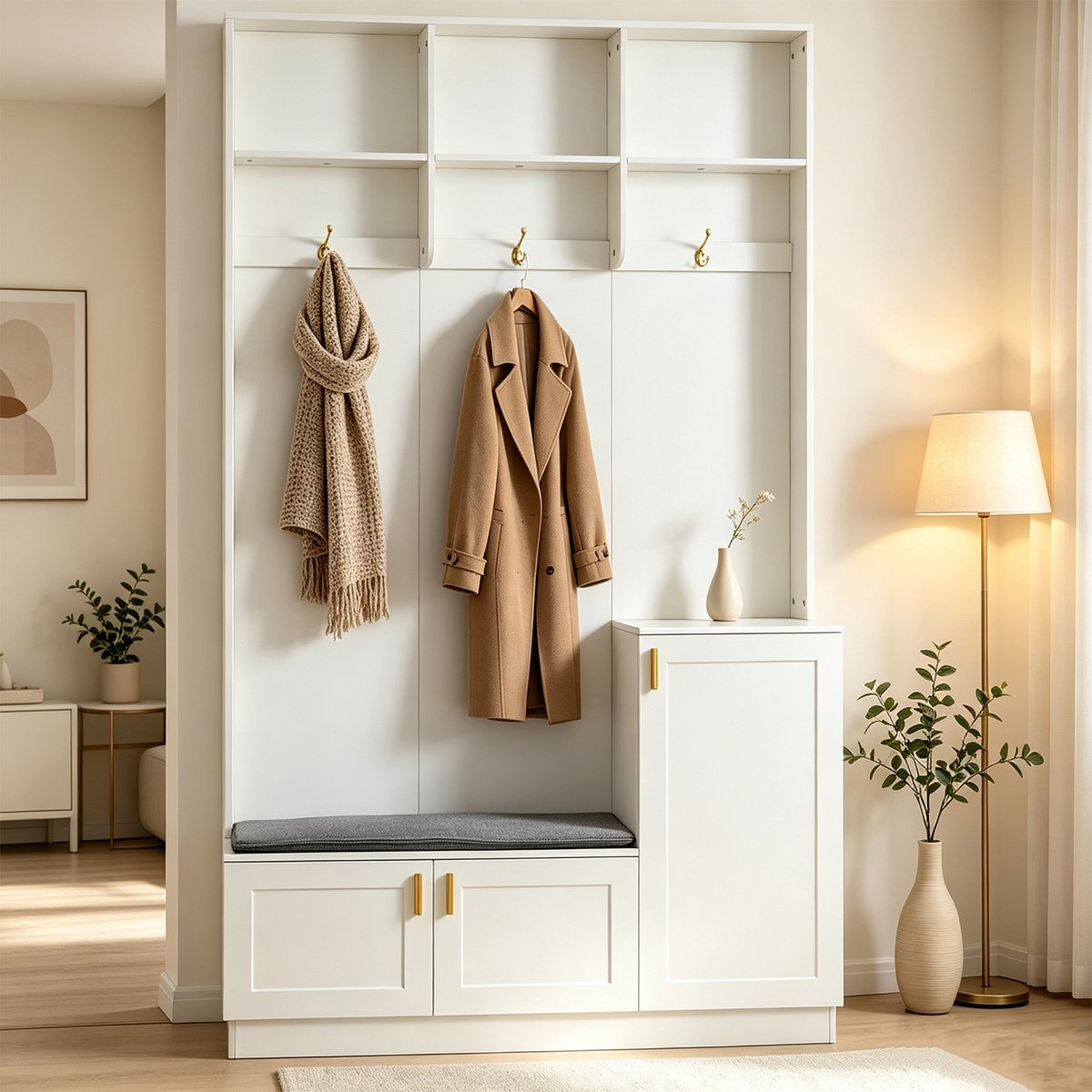 Vestiaire d'entrée avec banc et rangement, PORTER-F blanc, MEUBLES COSY