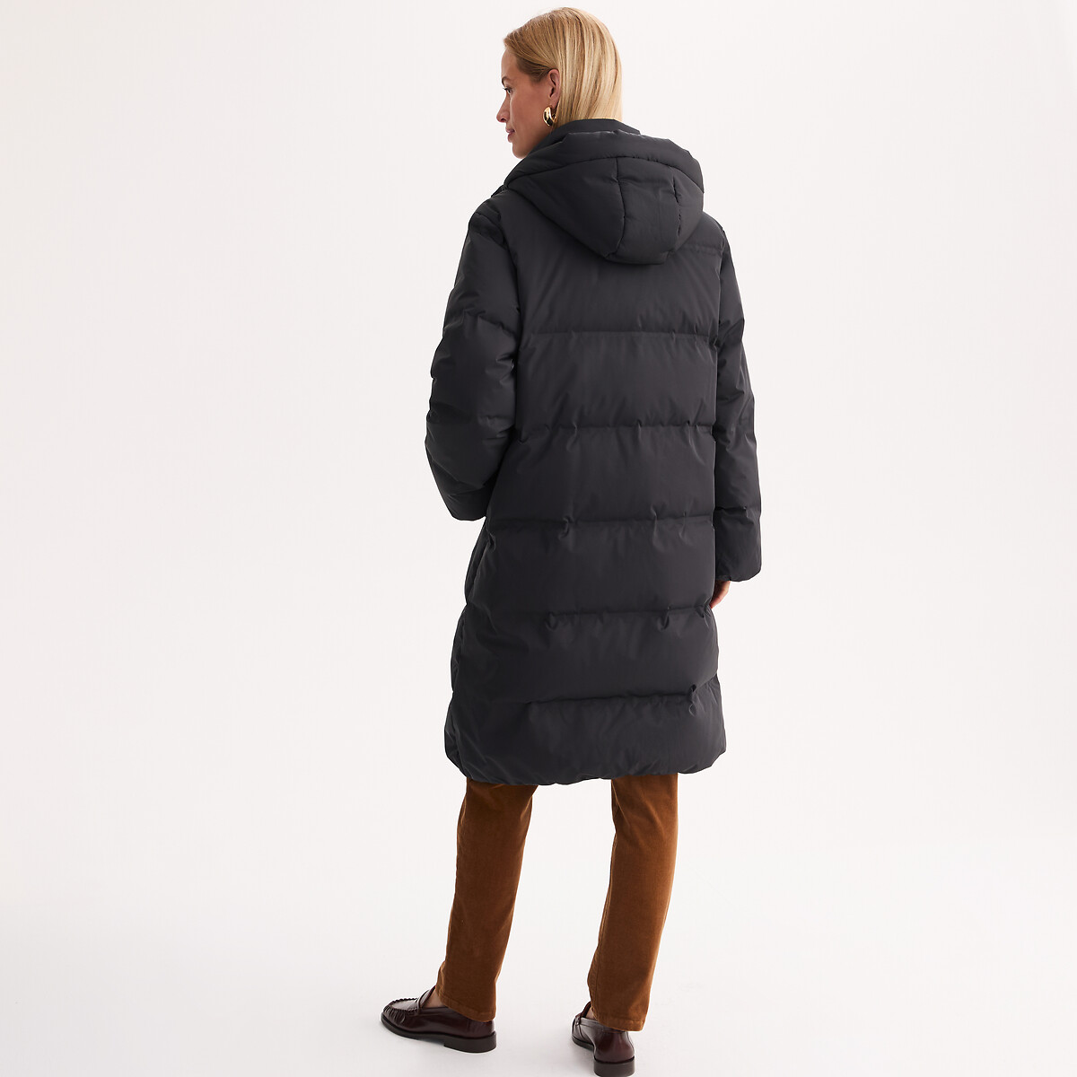 Doudoune longue matelassée, à capuche, rembourrage duvet et plumes, plein hiver noir, ANNE WEYBURN