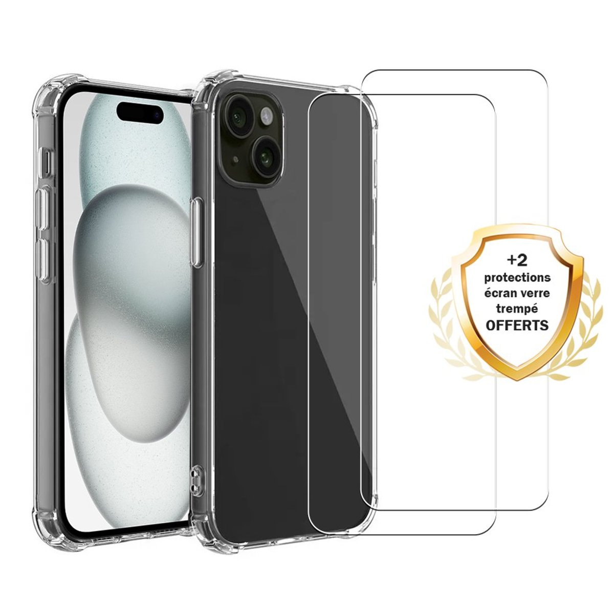 Coque iPhone 15 Plus antichoc + 2 vitres transparent, EVETANE