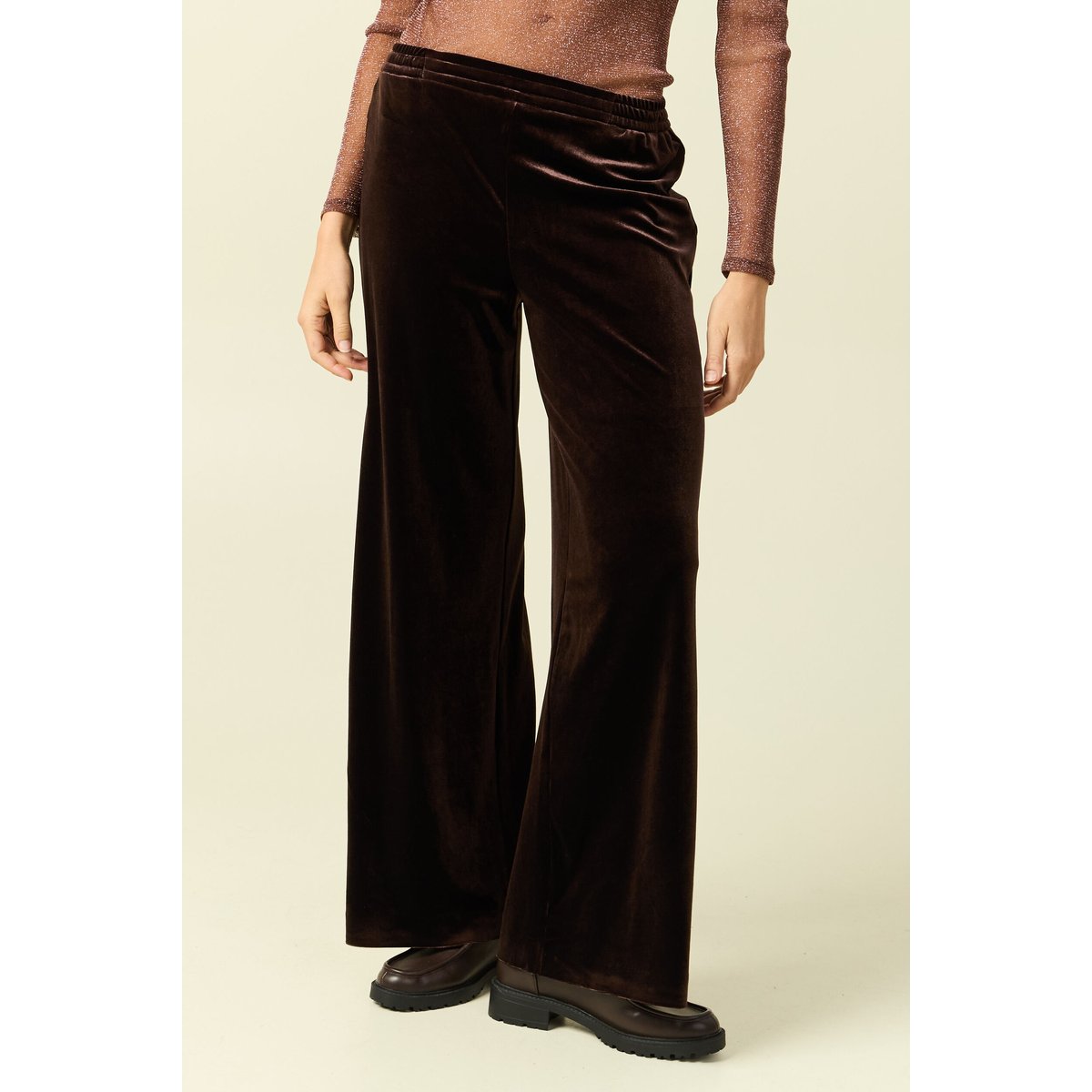 Pantalon large taille haute en velours marron foncé, BONOBO