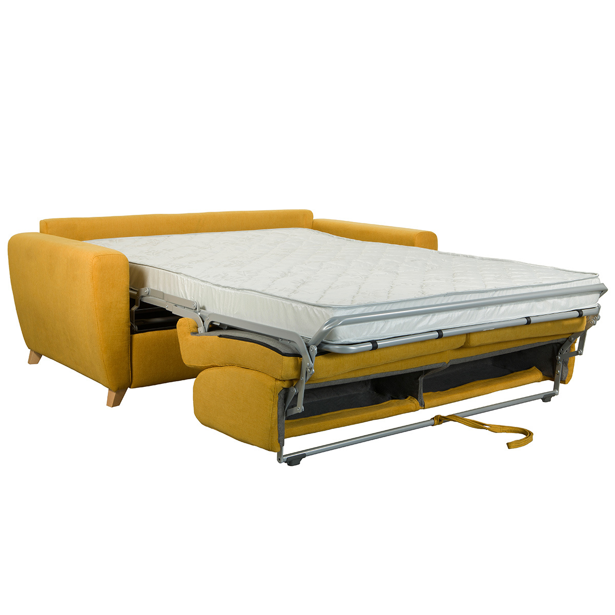 Canapé convertible 3 places en tissu bleu et bois clair avec matelas L140 cm 12 cm GRAHAM jaune, MILIBOO