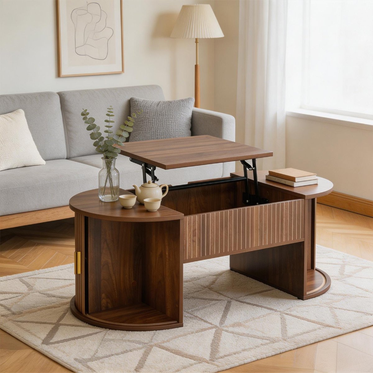 Table basse relevable ovale rangement, CHESTNUTB walnut, MEUBLES COSY