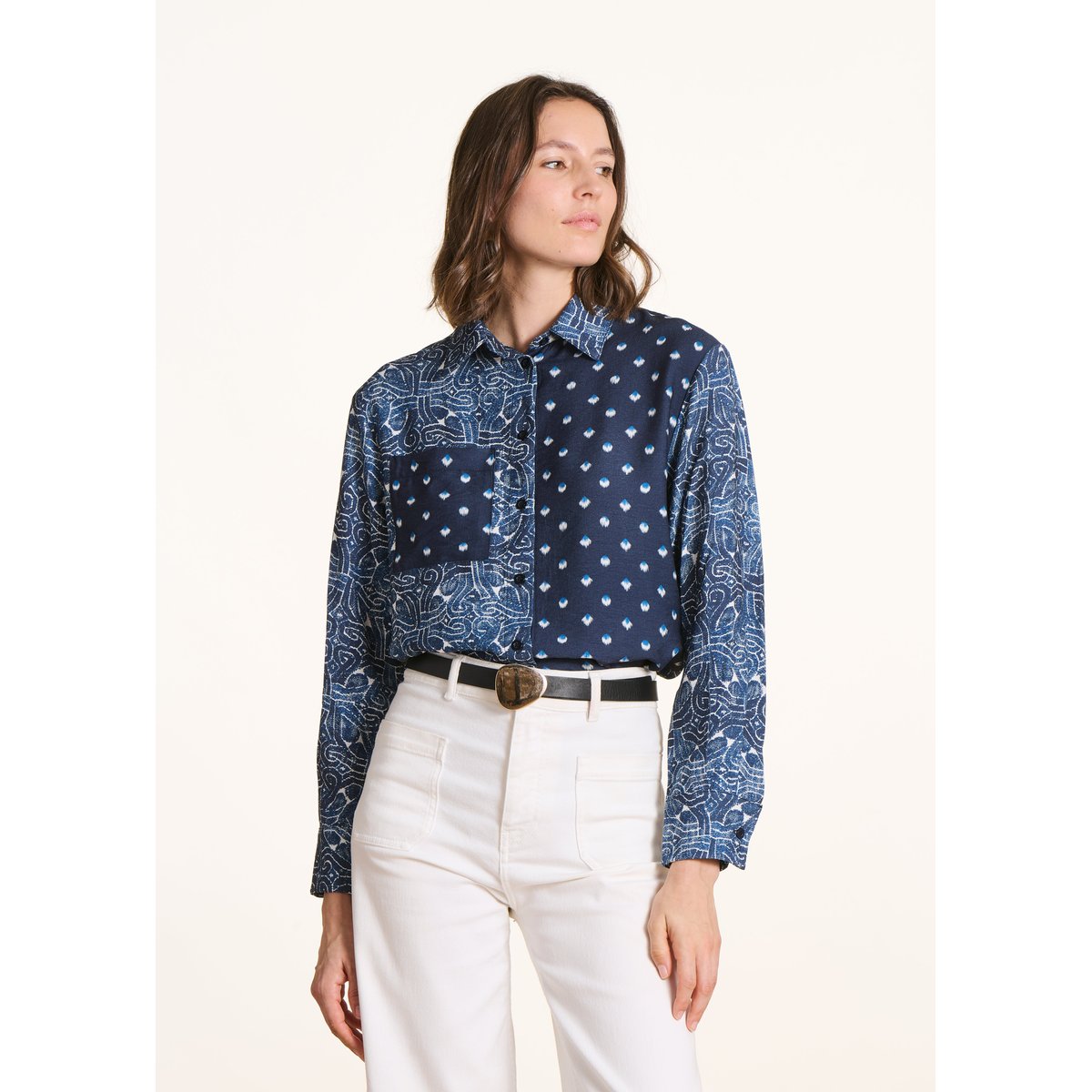 Chemise manches longues avec patchwork d'imprimés bleu, LA FEE MARABOUTEE