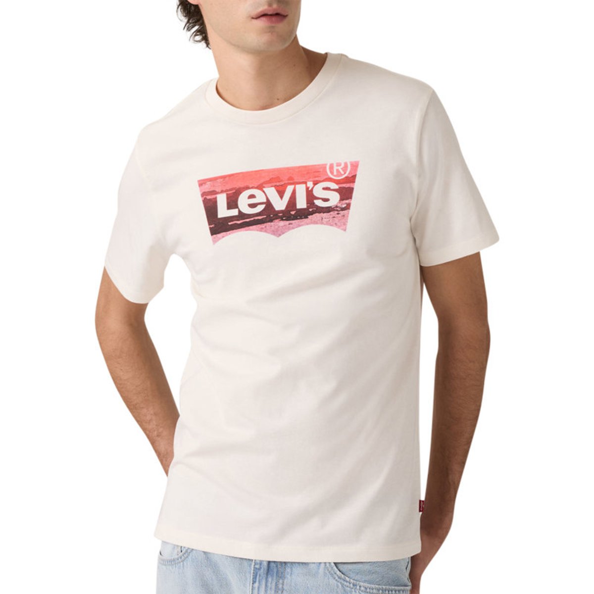 T-shirt en coton blanc imprimé à coupe droite pourvu d'un col rond blanc, LEVI'S