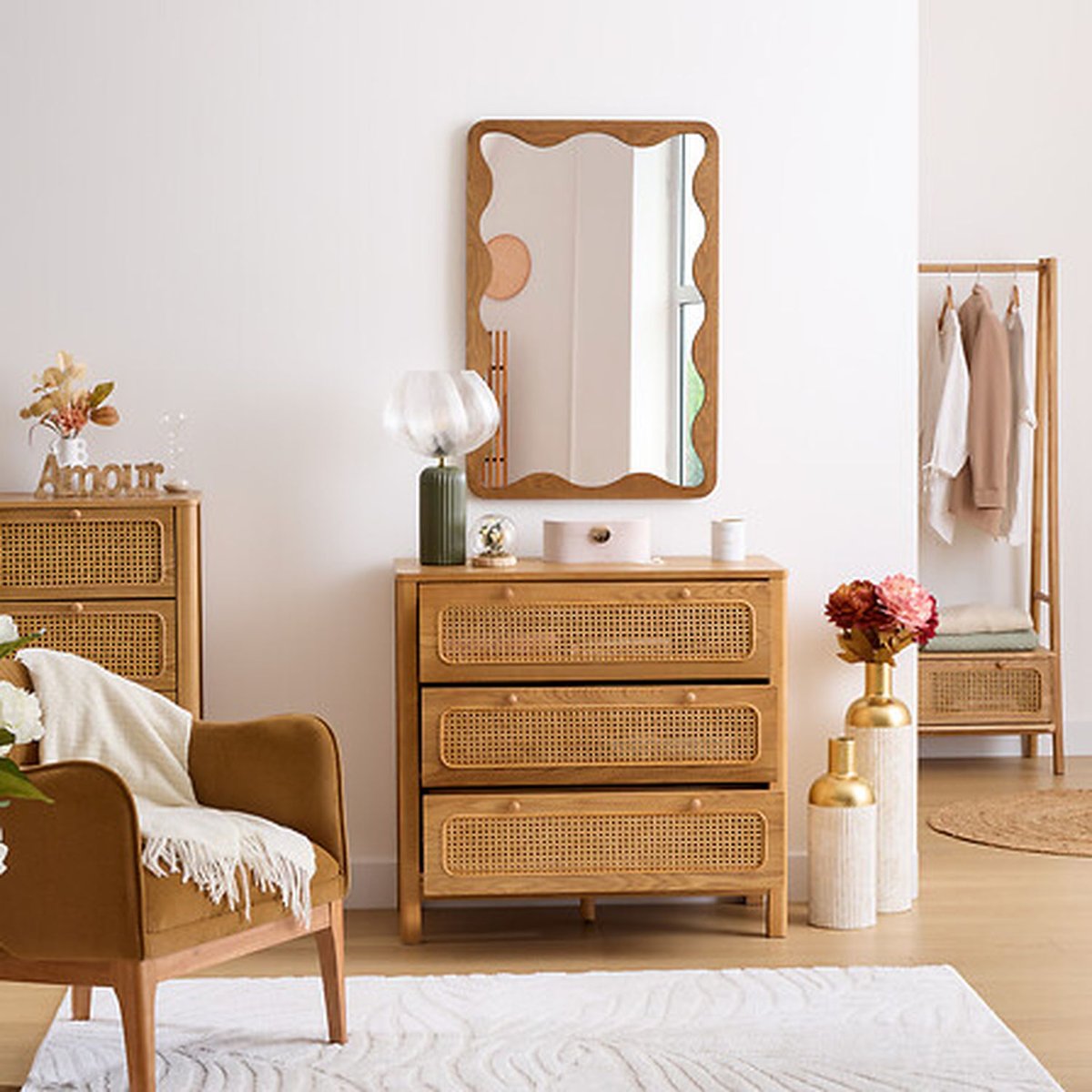 Commode 3 tiroirs cannage en rotin TIRIA marron, ATMOSPHERA