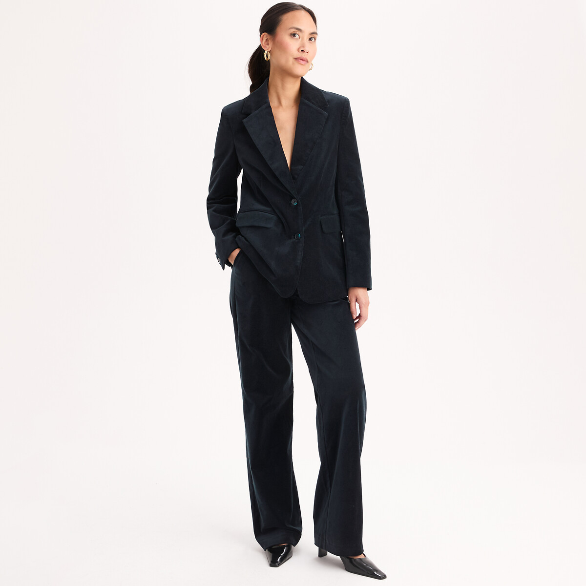 Blazer en velours lisse coupe droite bleu marine, ANNE WEYBURN