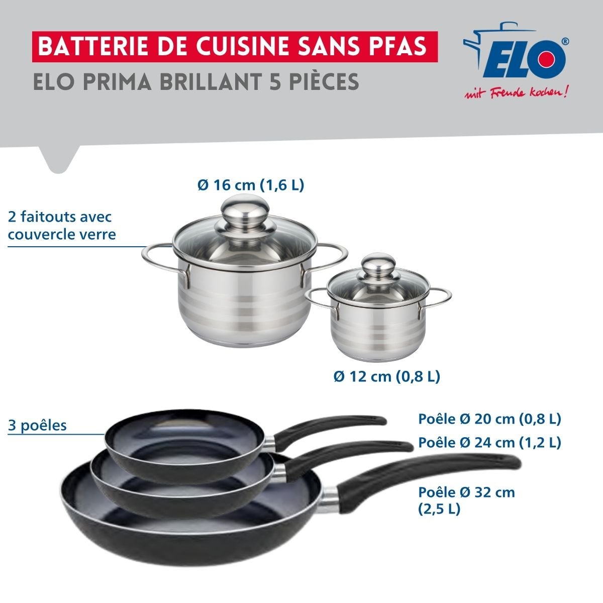 Batterie 3 poêles 20/24/32cm + 2 faitouts 12/16cm PRIMA BRILLANT noir, ELO