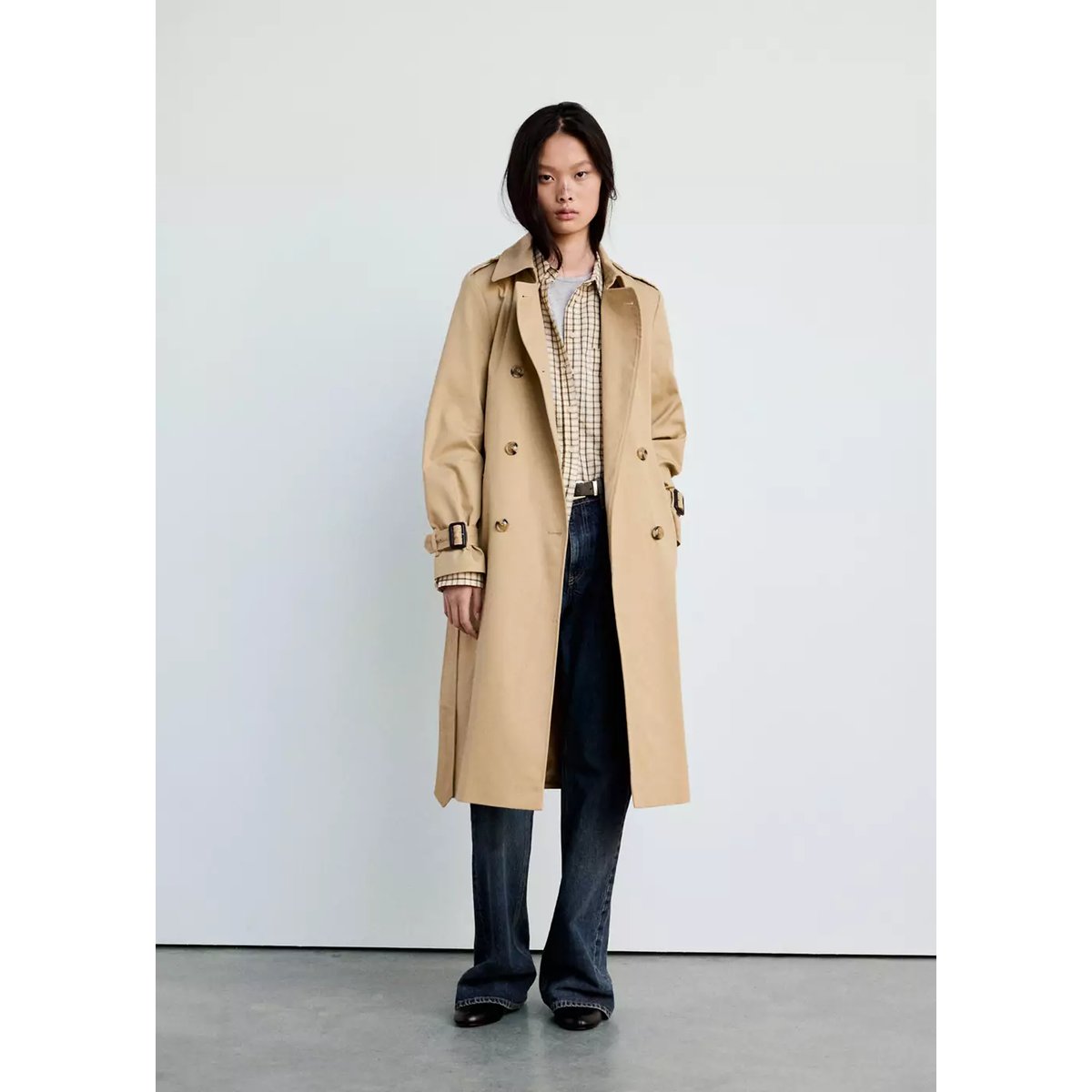 Trench long ceinture beige, MANGO