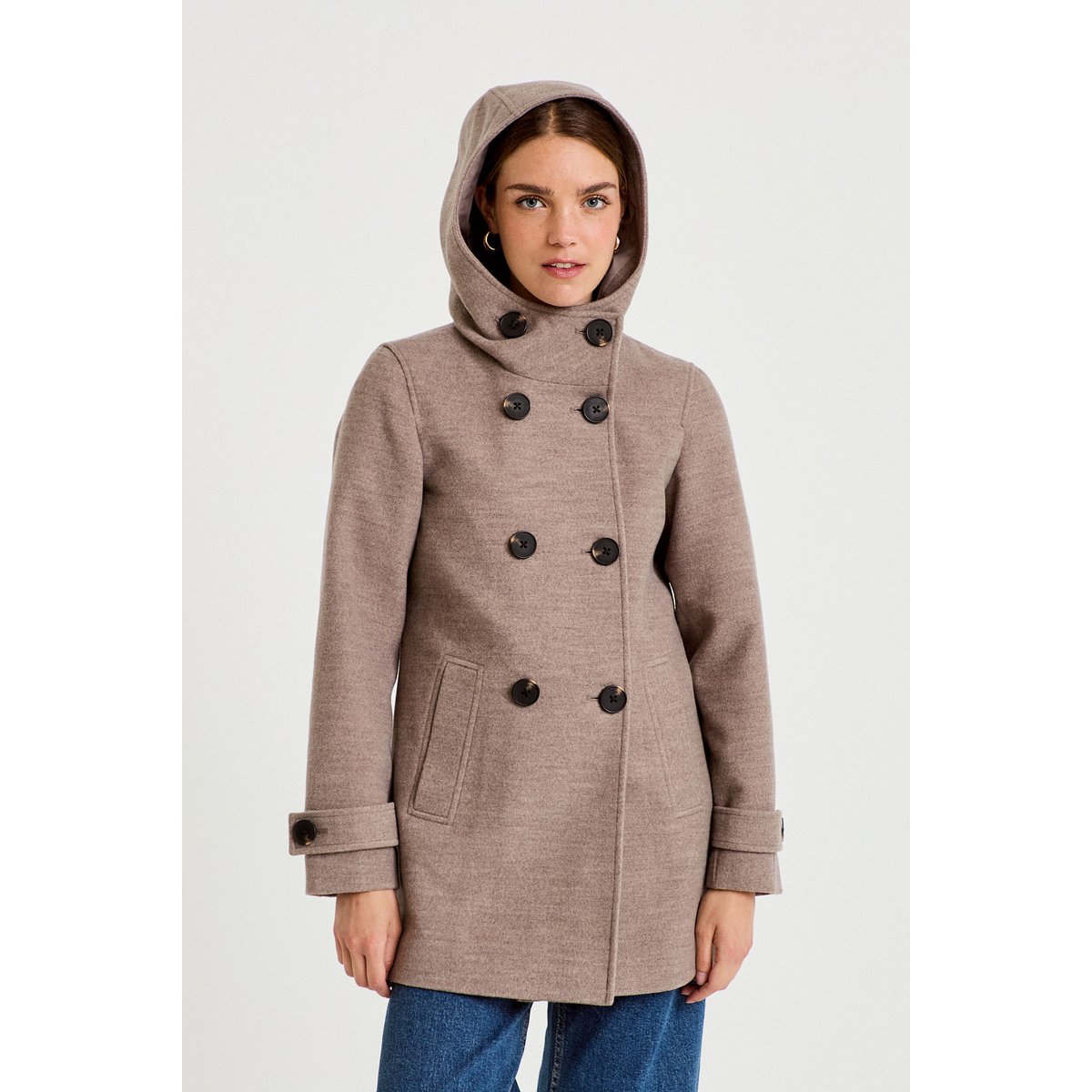 Manteau ajusté 3/4 à capuche taupe, CACHE CACHE