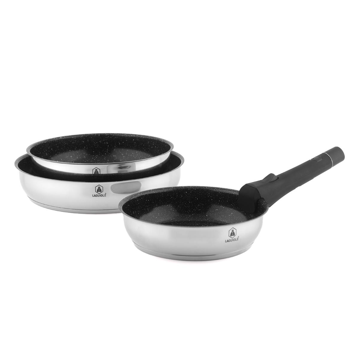 Set de 3 poêles inox amovible 20/24/28cm antiadhésif - "Réactif" couleur unique, LAGUIOLE CUISSON