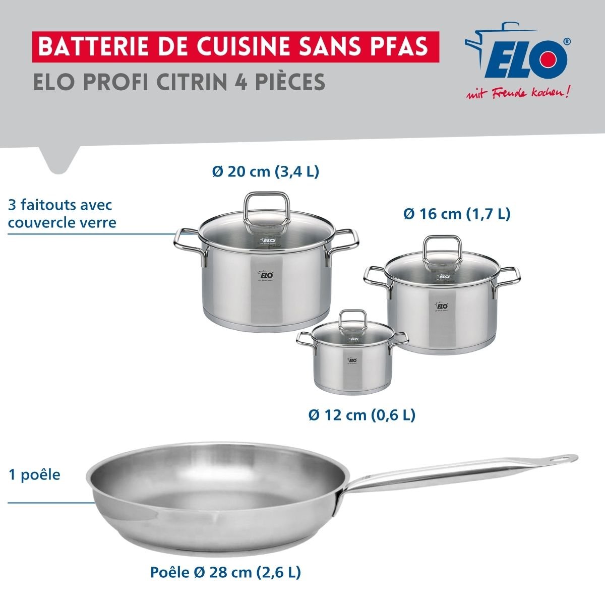 Batterie 1 poêle 28cm + 3 faitouts 12/16/20cm PROFI CITRIN inox, ELO