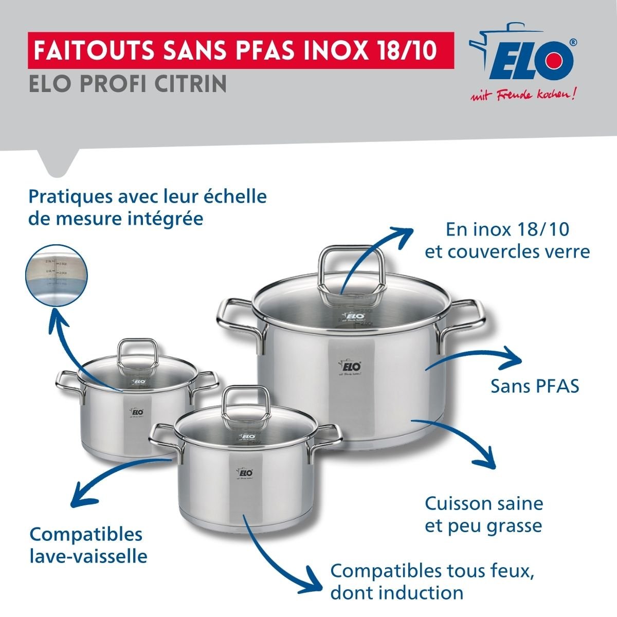 Batterie 1 poêle 32cm + 3 faitouts 12/16/20cm PROFI CITRIN gris, ELO