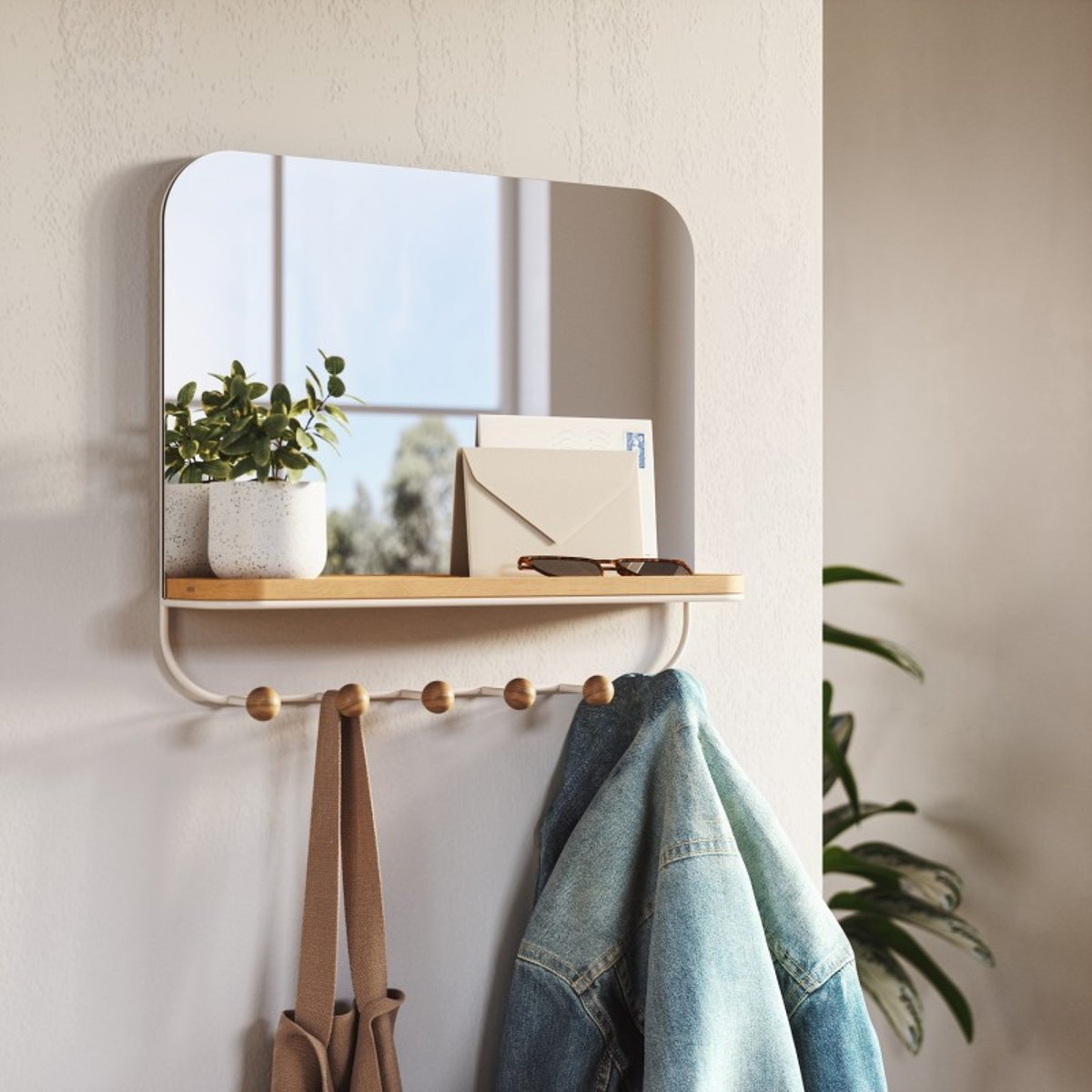 Miroir portemanteau étagère  ESTIQUE bois clair, UMBRA