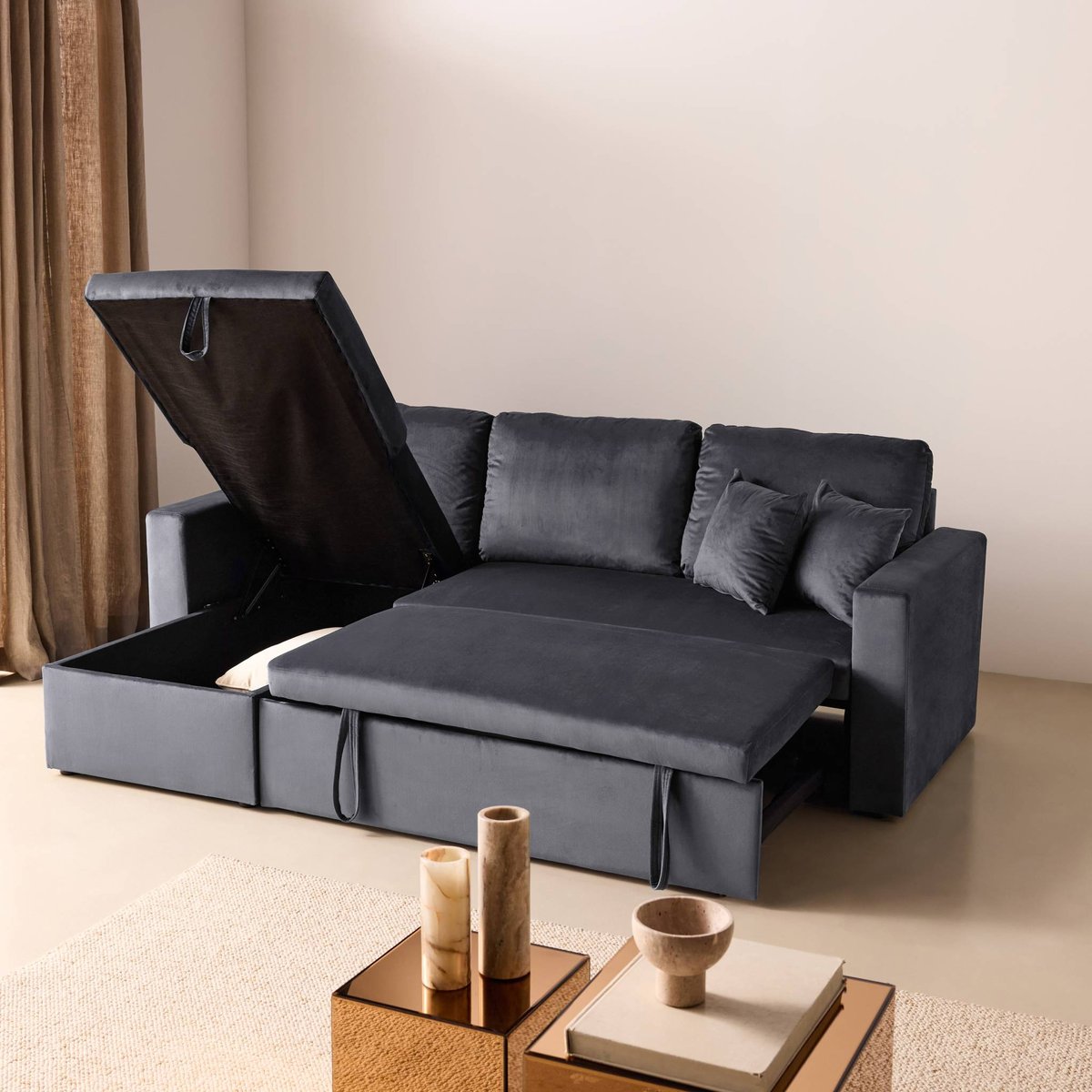 Canapé convertible réversible velours IDA VELOURS gris foncé, SWEEEK