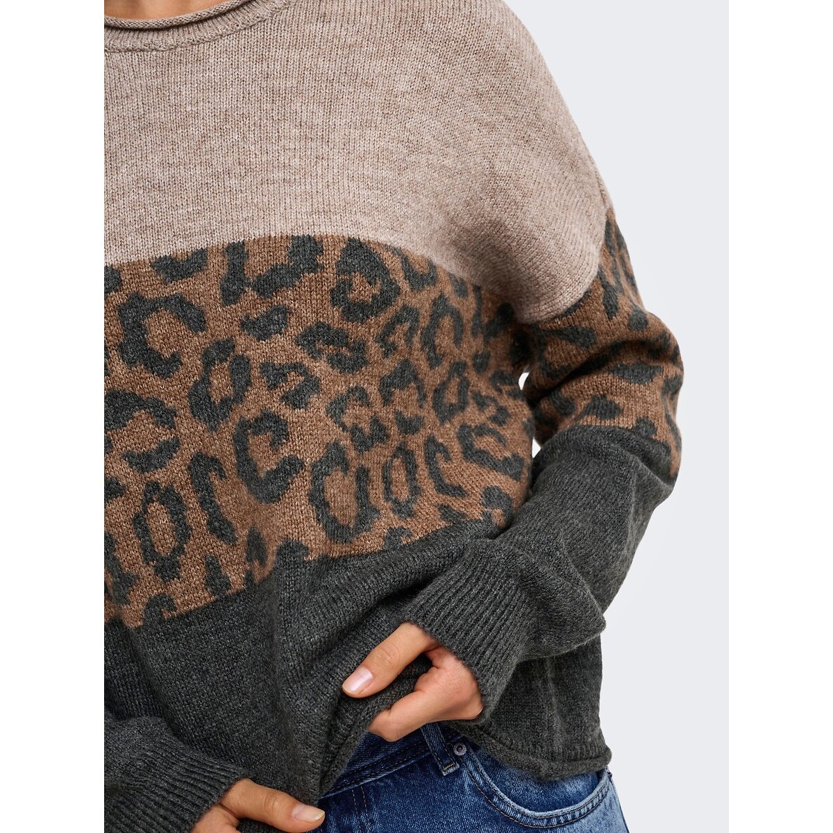 Camisola de gola redonda, estampado leopardo cinzento/leopardo, ONLY