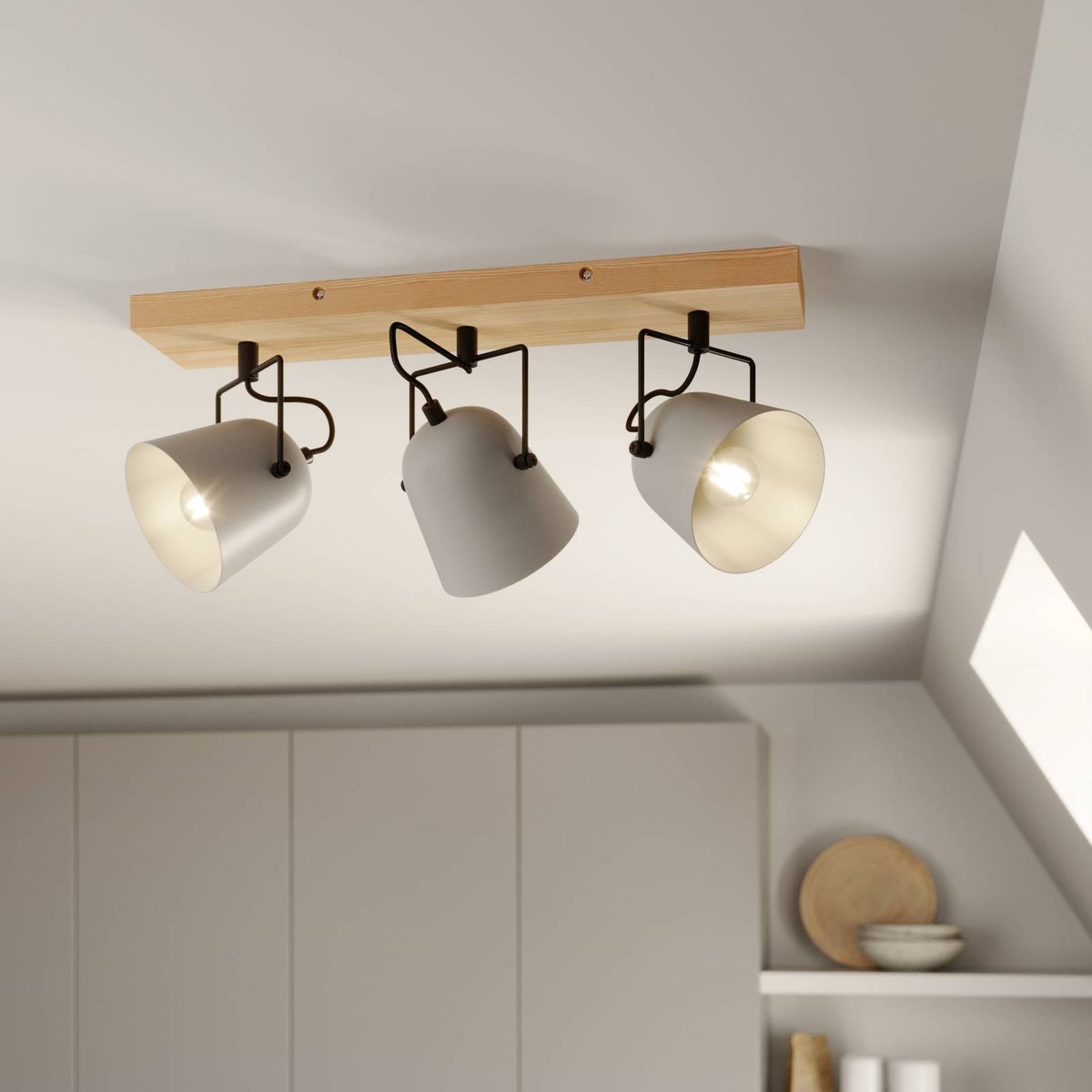 Spot en bois moderne, Adalin gris, bois clair, noir, LINDBY