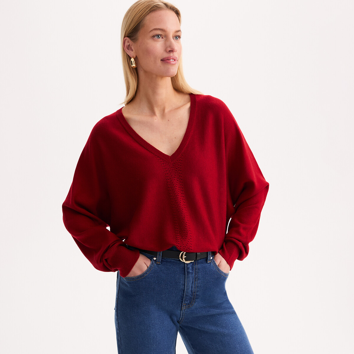 Wool Blend V-Neck Jumper in Fine Knit red, ANNE WEYBURN