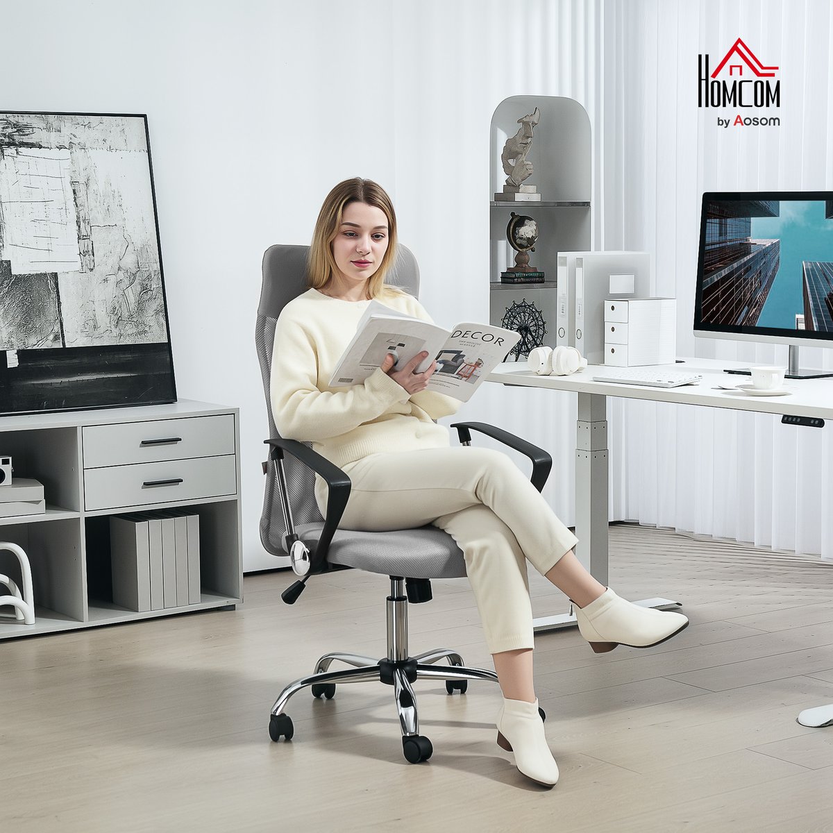 Chaise de bureau Tissu maille Gris gris, HOMCOM