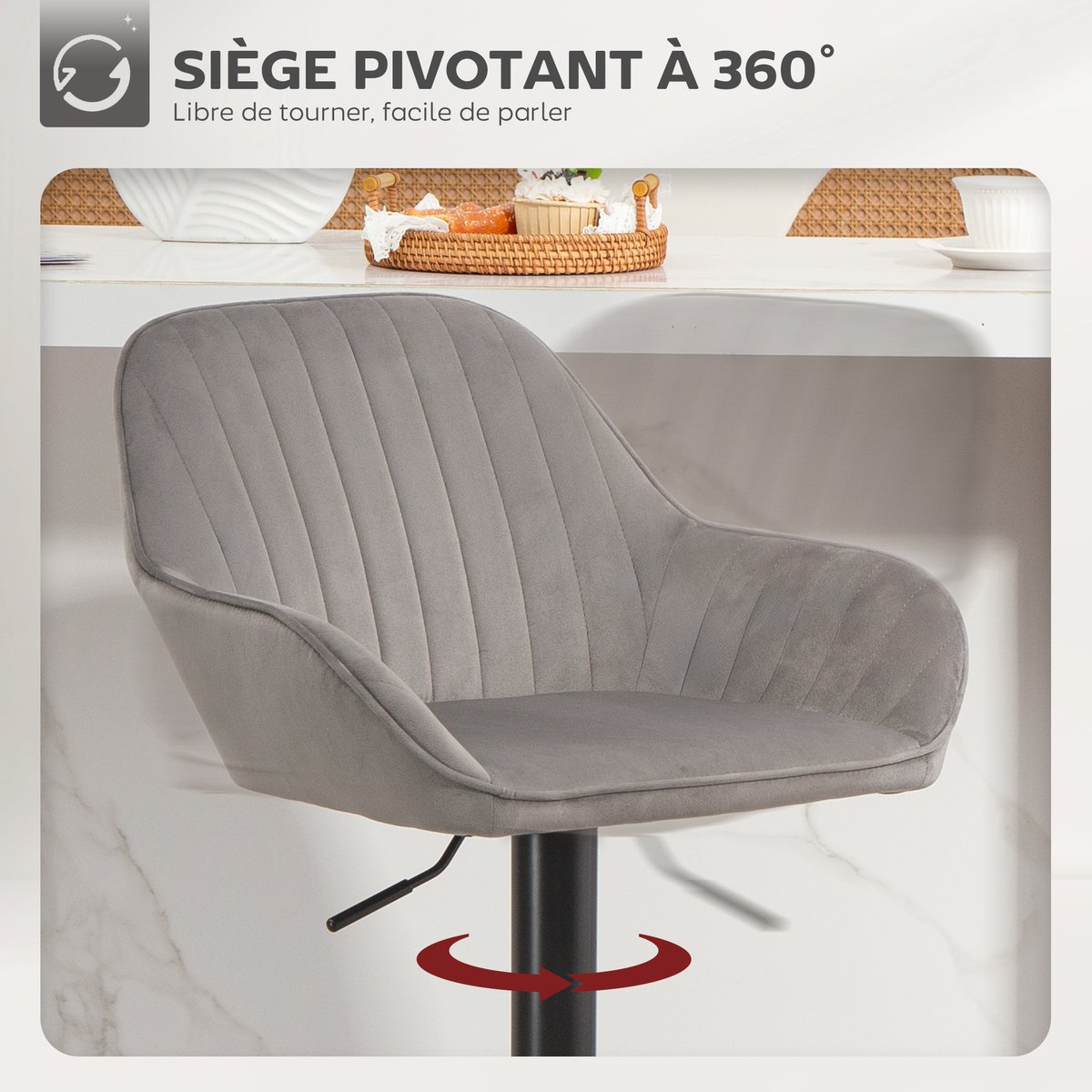 Tabouret de bar Velours (100 % polyester) gris et noir, HOMCOM