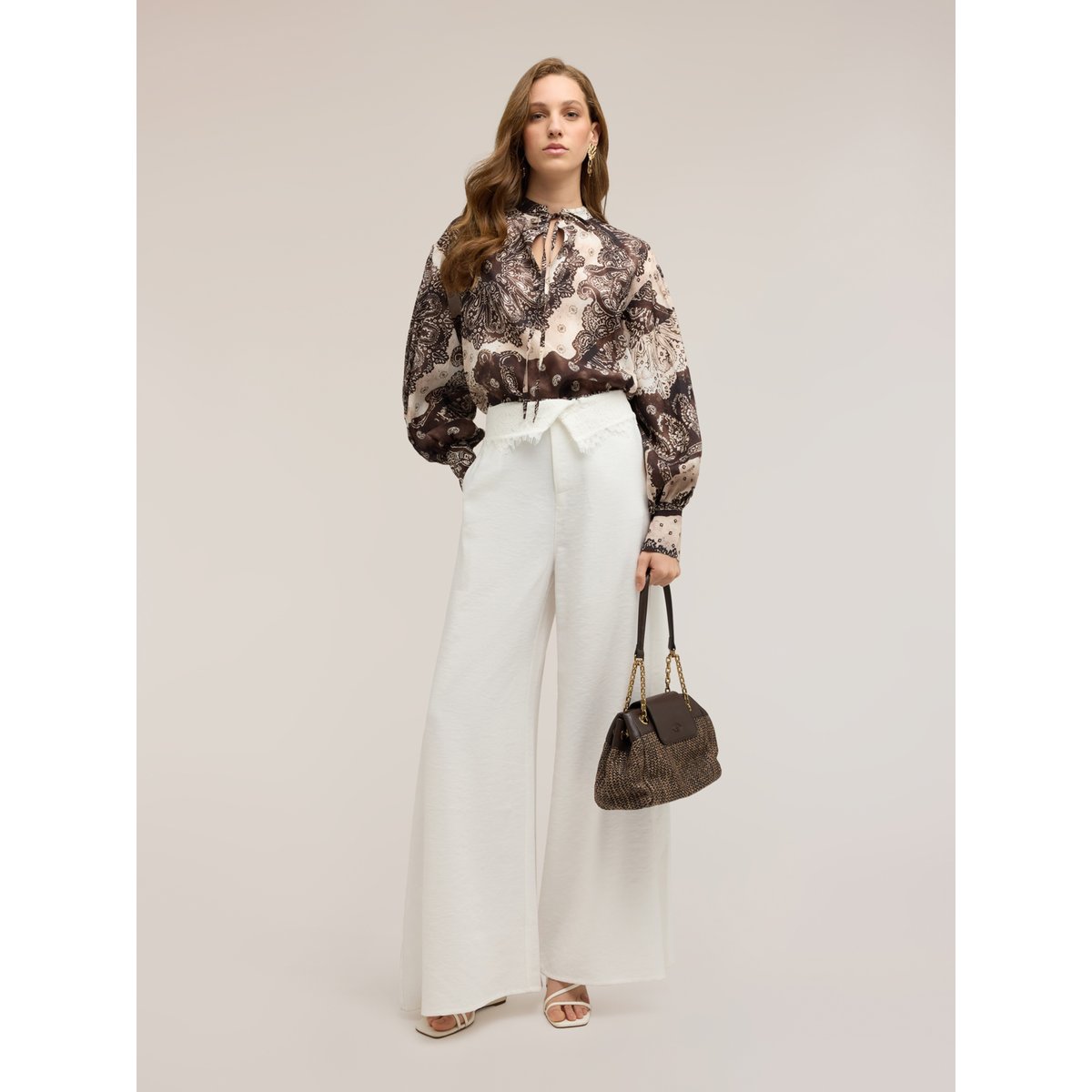 Blouse avec imprimé et manches ballon marron, MOTIVI