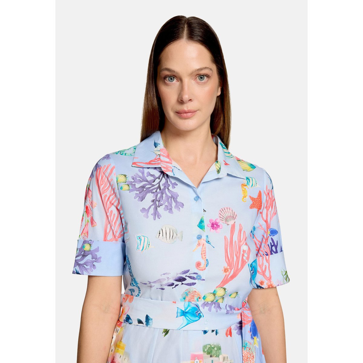 Robe-chemisier à patte de boutonnage light blue/red, VERA MONT