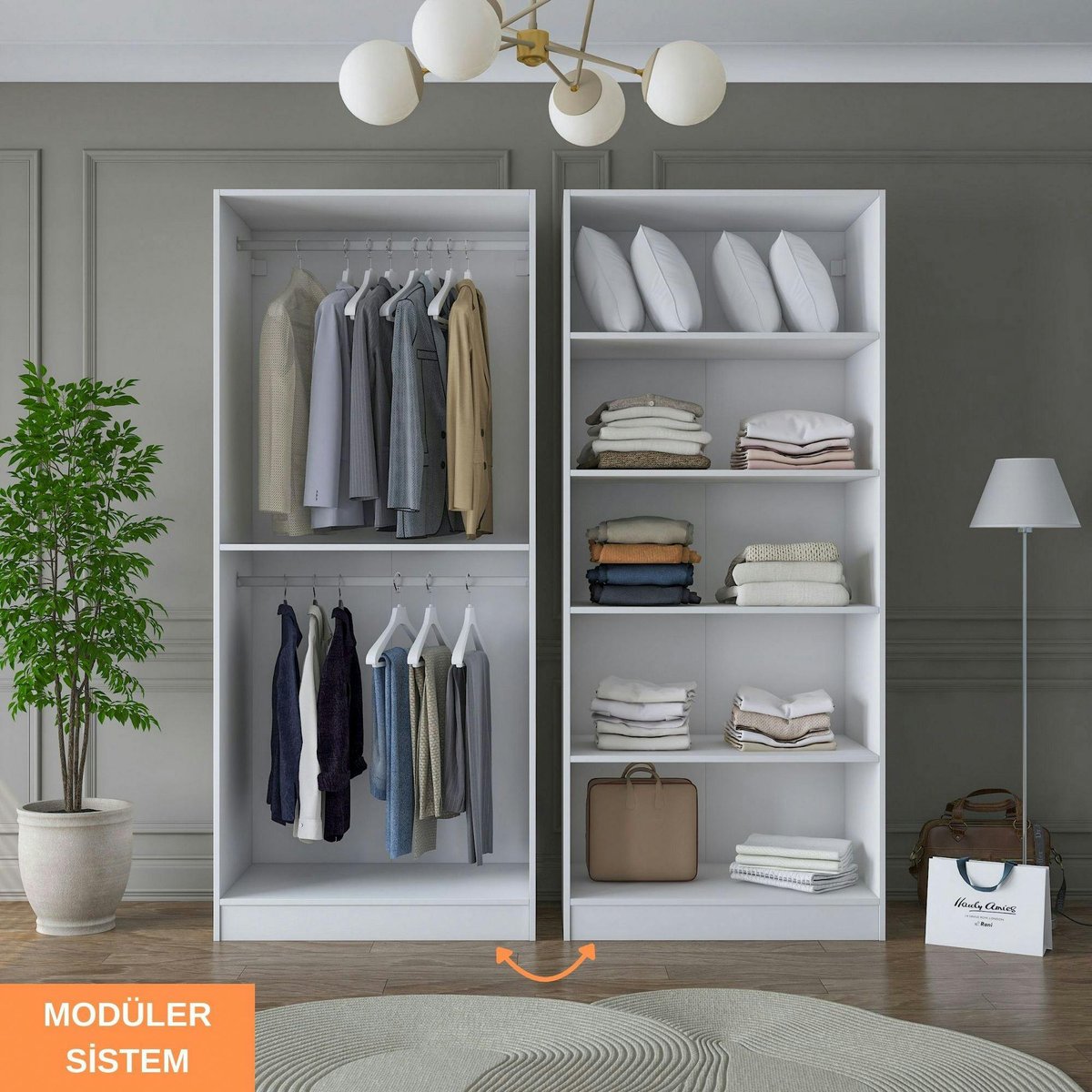 Armoire penderie blanche rainurée 4 portes 2 tringles BYRON blanc, PIER IMPORT
