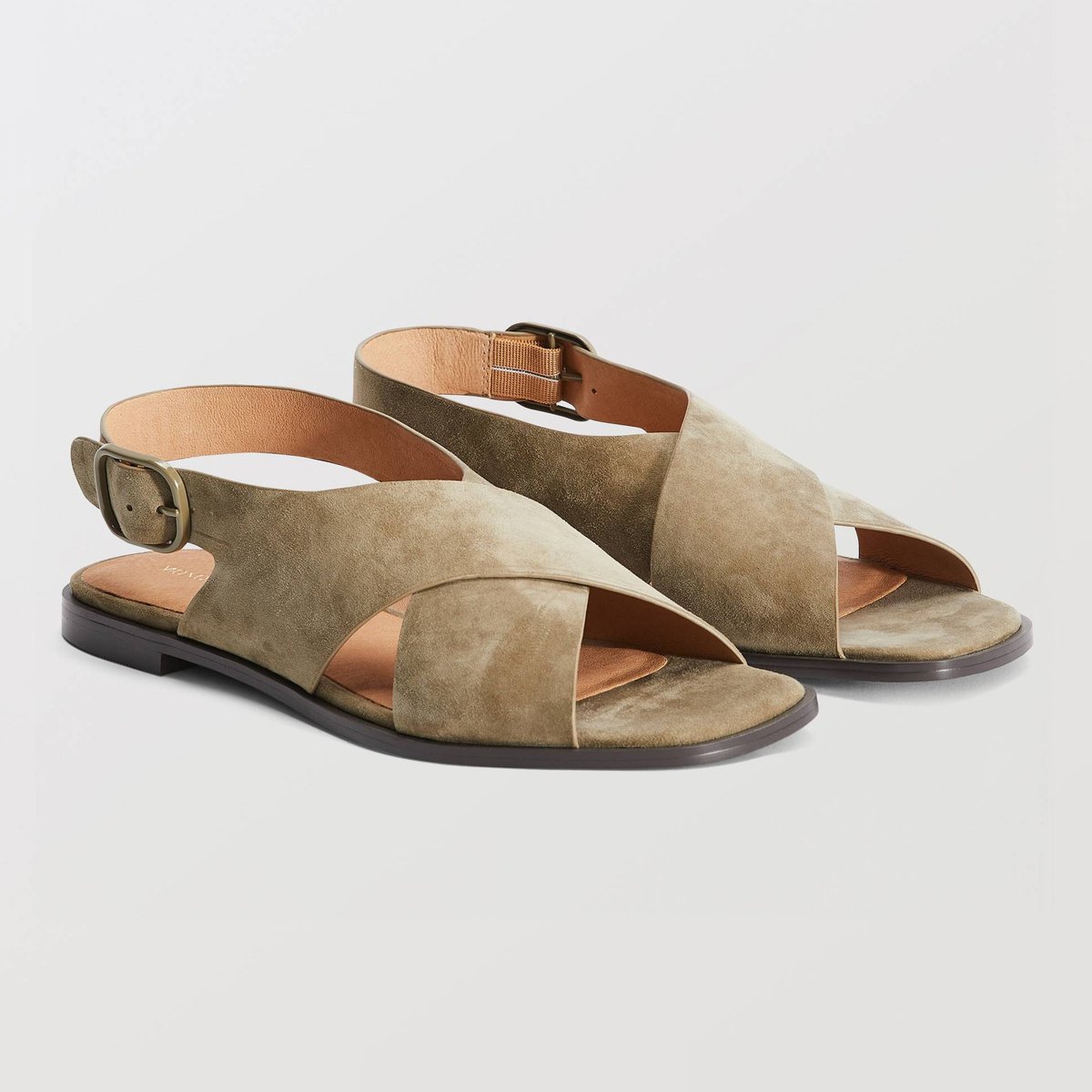 Sandales croisées en cuir olive, MONOPRIX