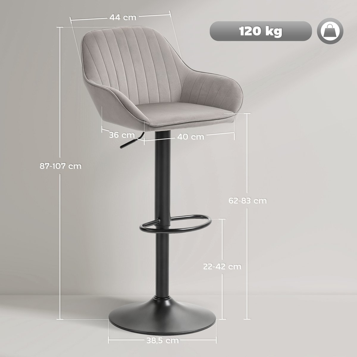 Tabouret de bar Velours (100 % polyester) gris et noir, HOMCOM