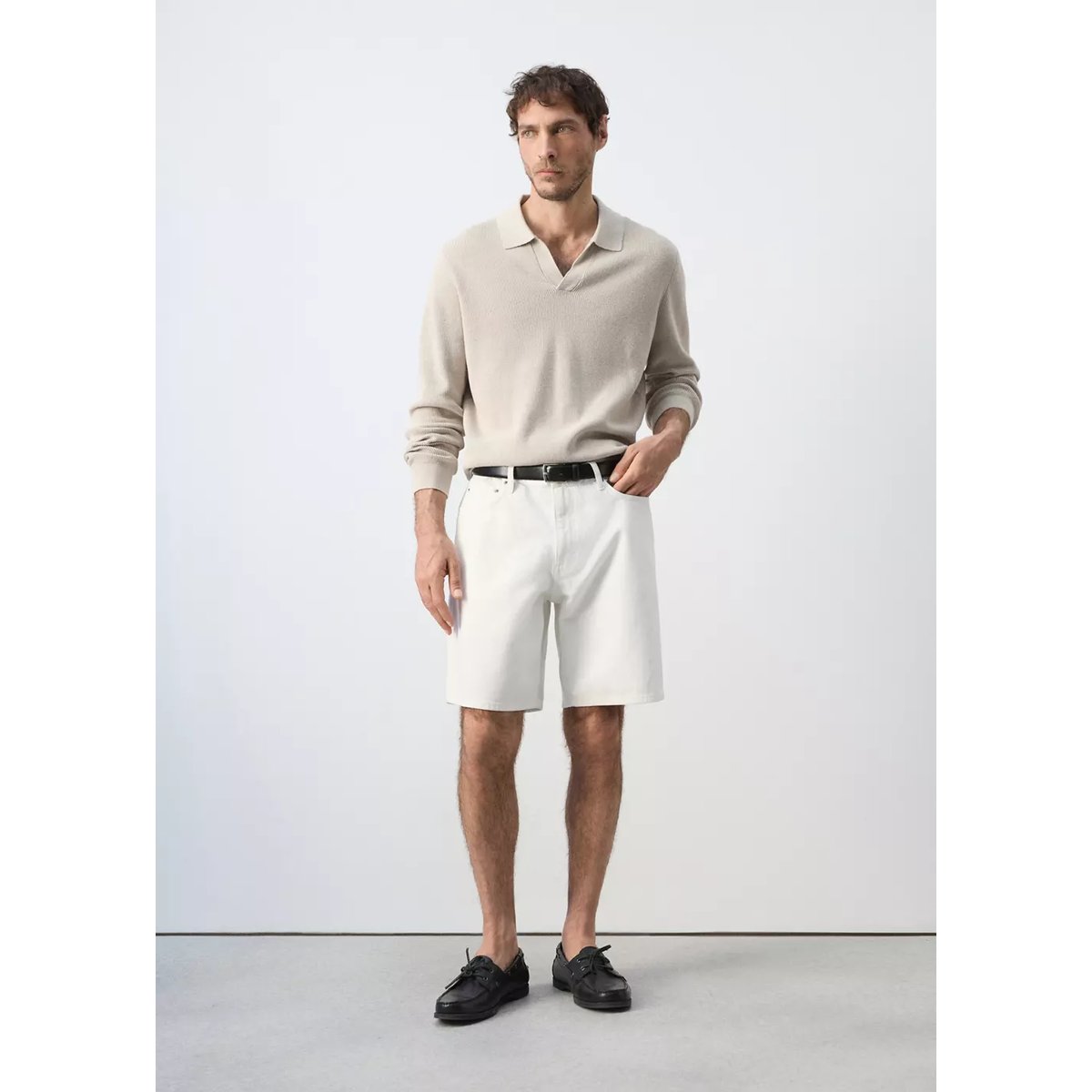 Pull-over polo maille côtelée beige, MANGO MAN