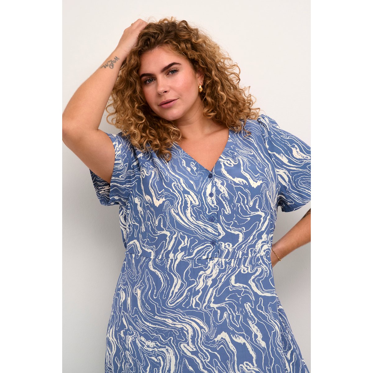 Dress bleu blue indigo white marbel, KAFFE CURVE