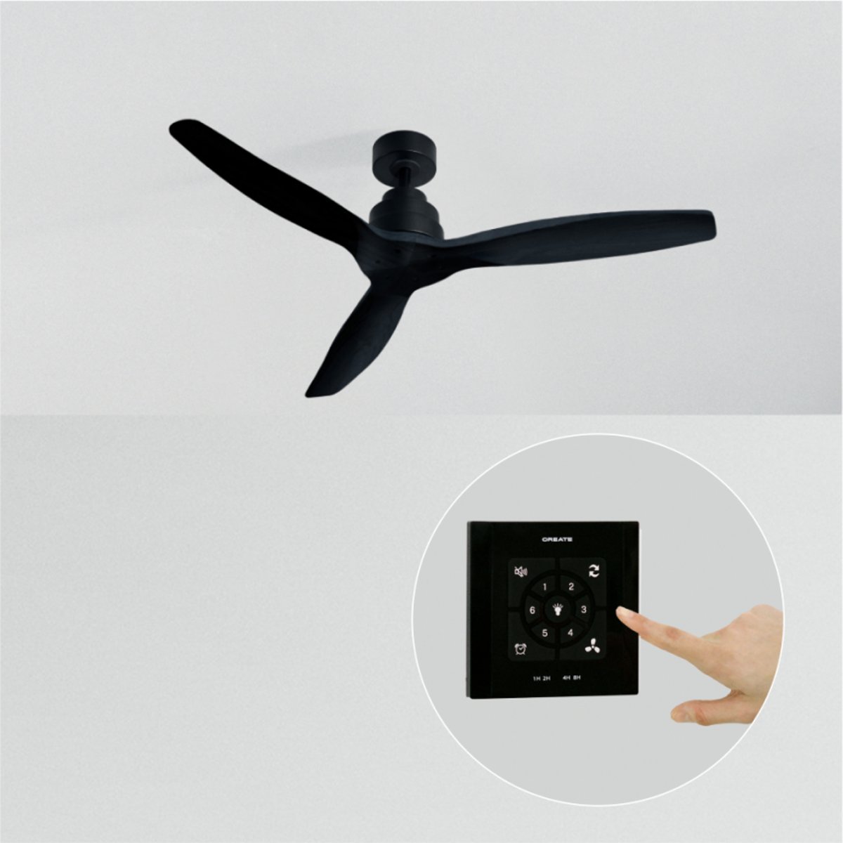 Ventilateur de plafond 40W sans lumière avec contrôleur mural WIND STYLANCE NATURAL WOOD noir/noir, CREATE
