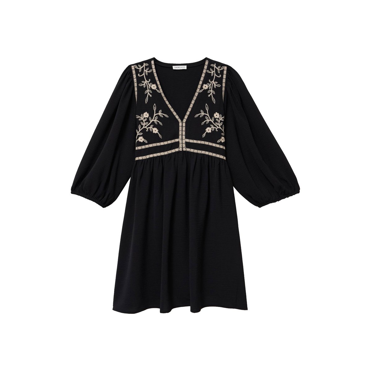 Robe droite courte col v manches 3/4 noir, CACHE CACHE