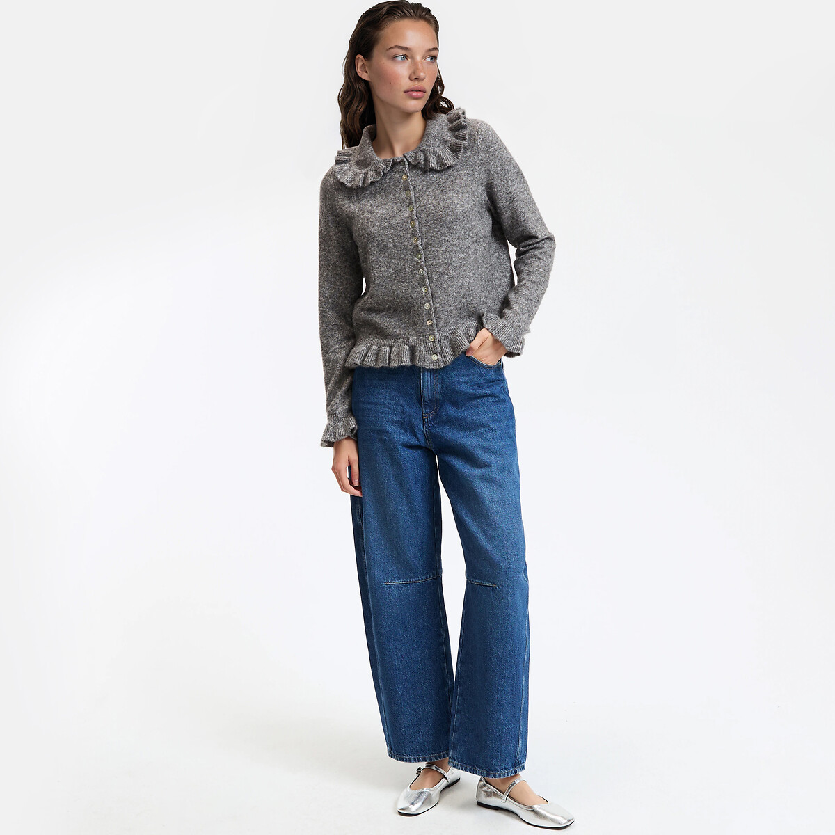 Cardigan col Claudine avec détails volants gris chiné, LA REDOUTE COLLECTIONS