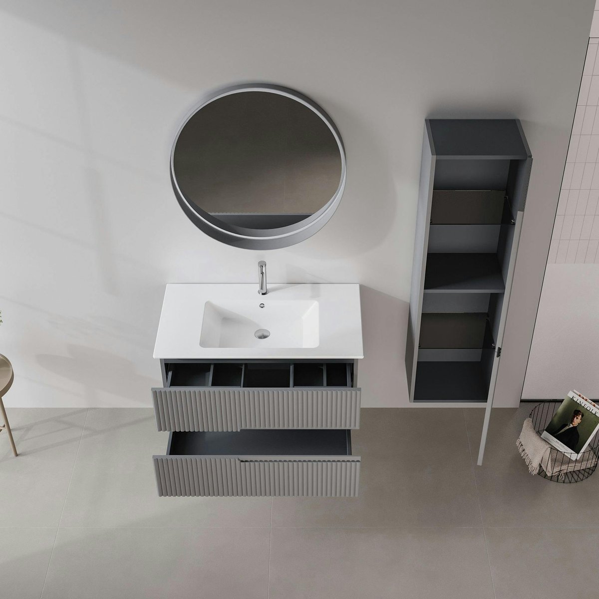 Meuble vasque 2 tiroirs rainurés 90 cm RIVIA gris, PIER IMPORT
