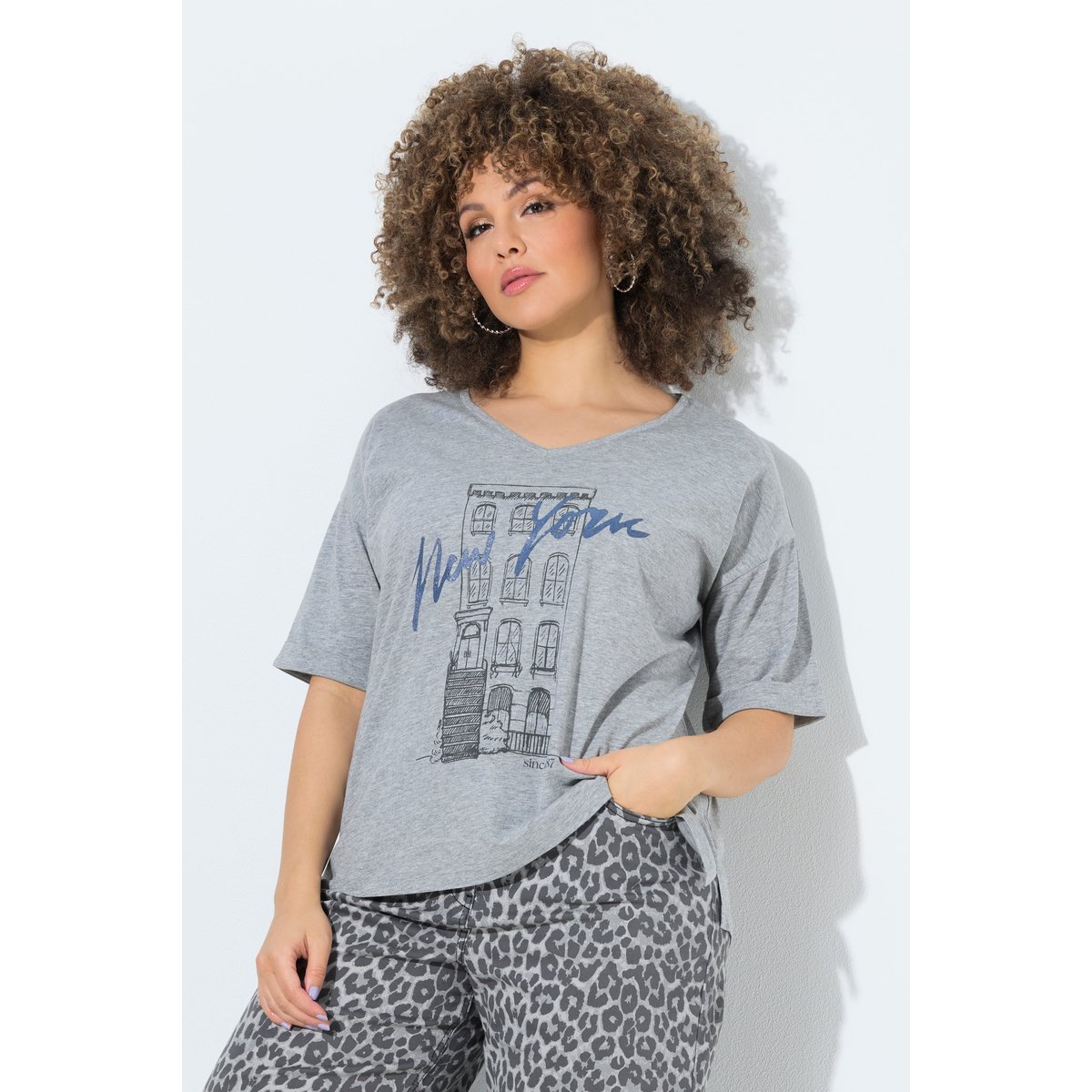 T-shirt oversize, motif New York gris clair chiné, ULLA POPKEN
