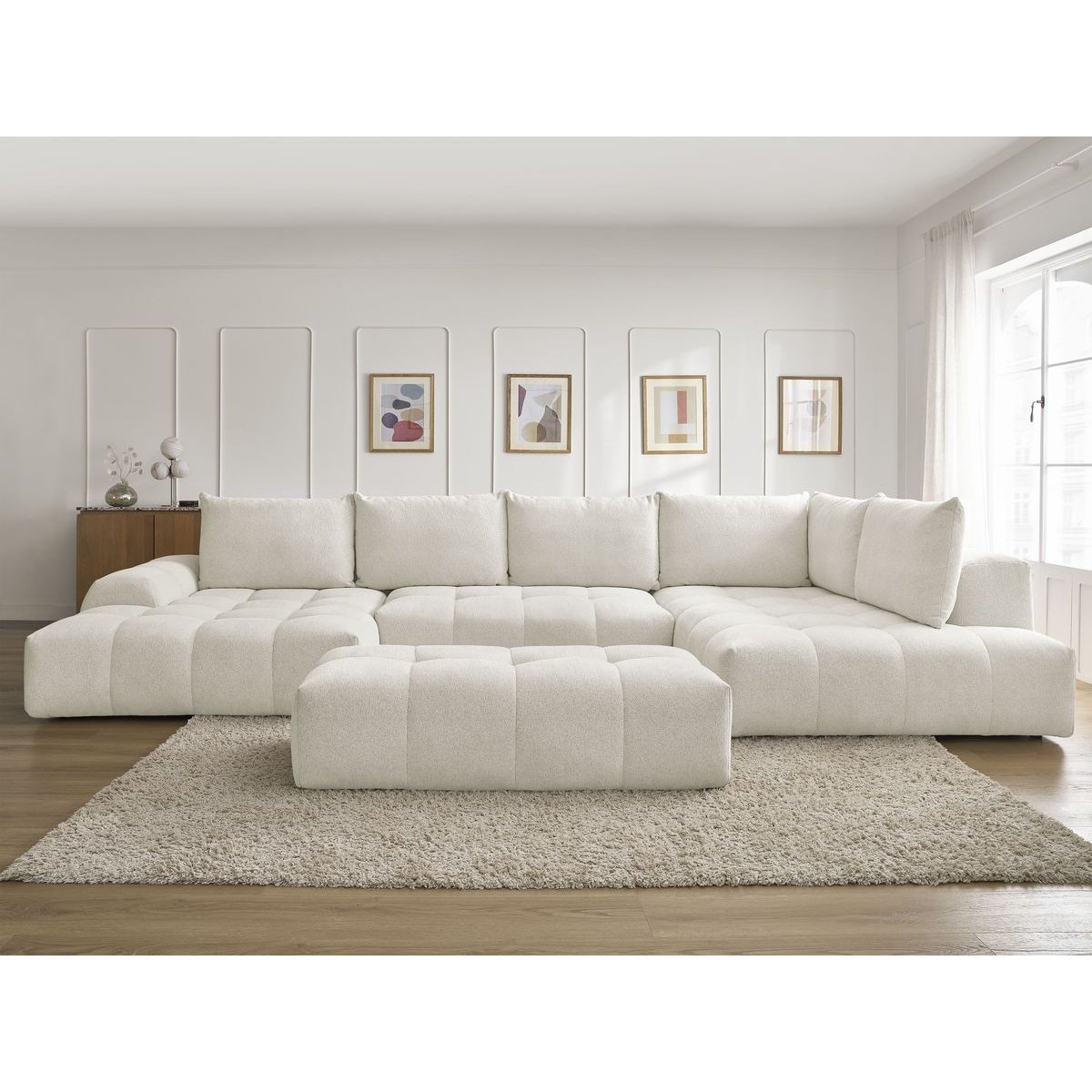 Canapé panoramique convertible 7 places en tissu chiné avec pouf, EVEREST blanc, BOBOCHIC